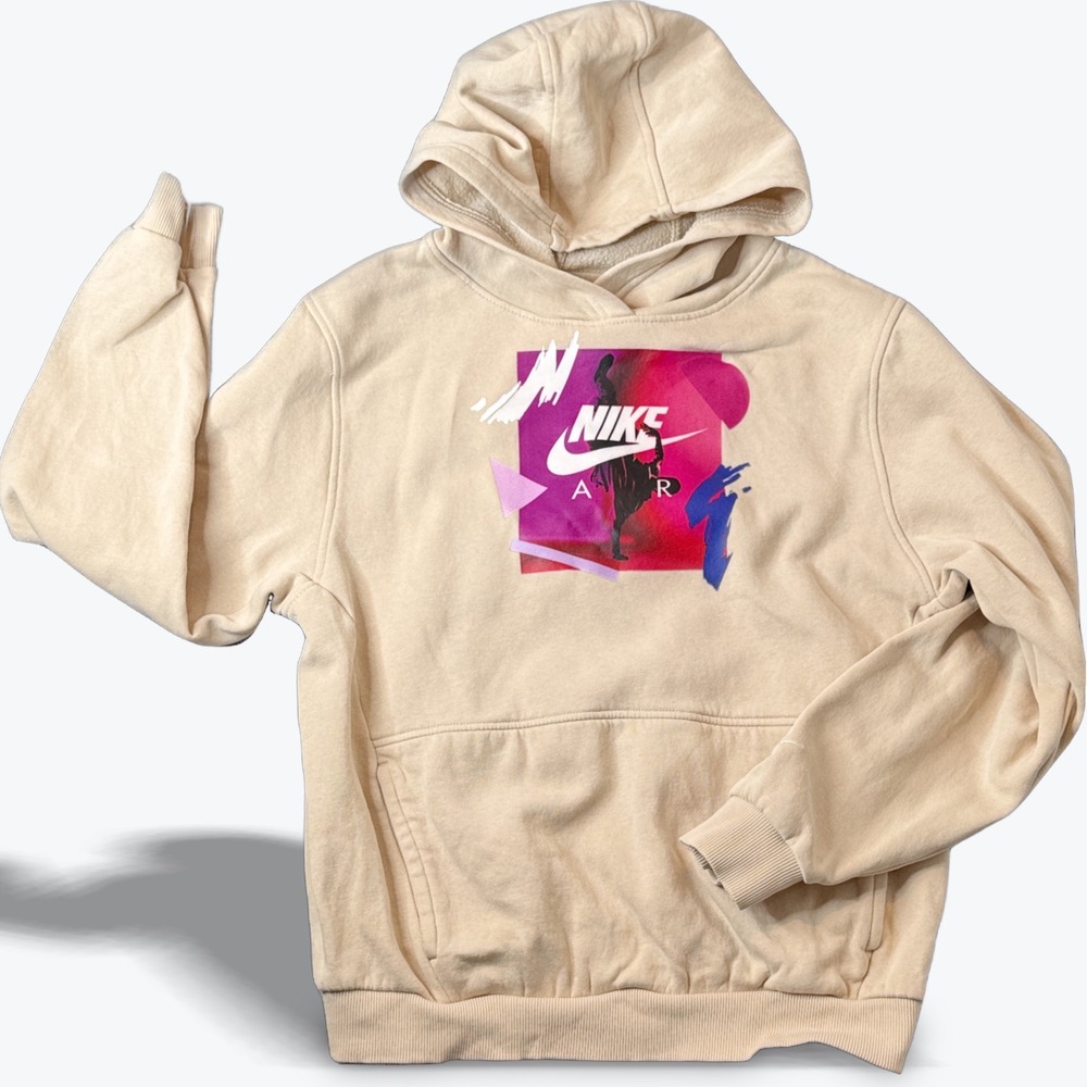 Nike Air Kids Graphic Hoodie‎ Beige Fleece Pullover Size XL